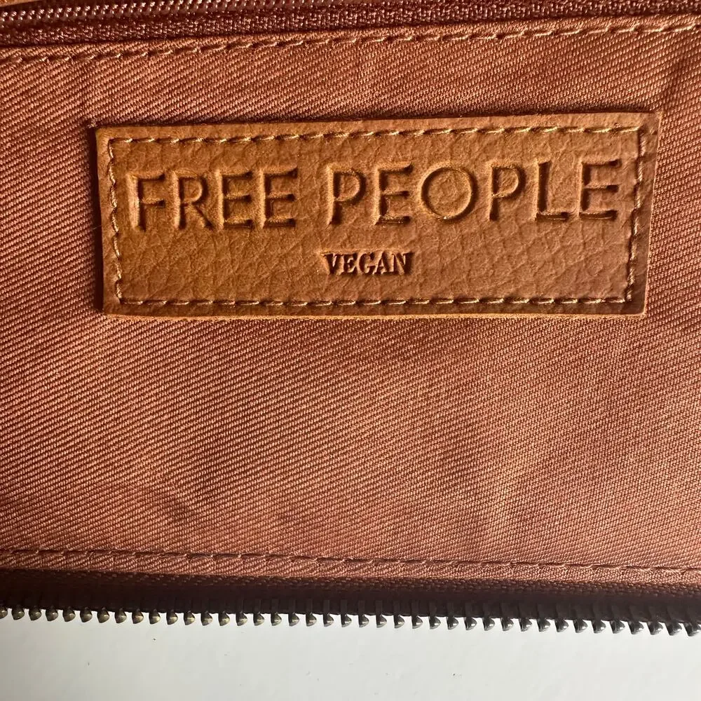 Free People Vegan Leather Wallet Wristlet Diagonal Zipper Cognac Brown Boho
